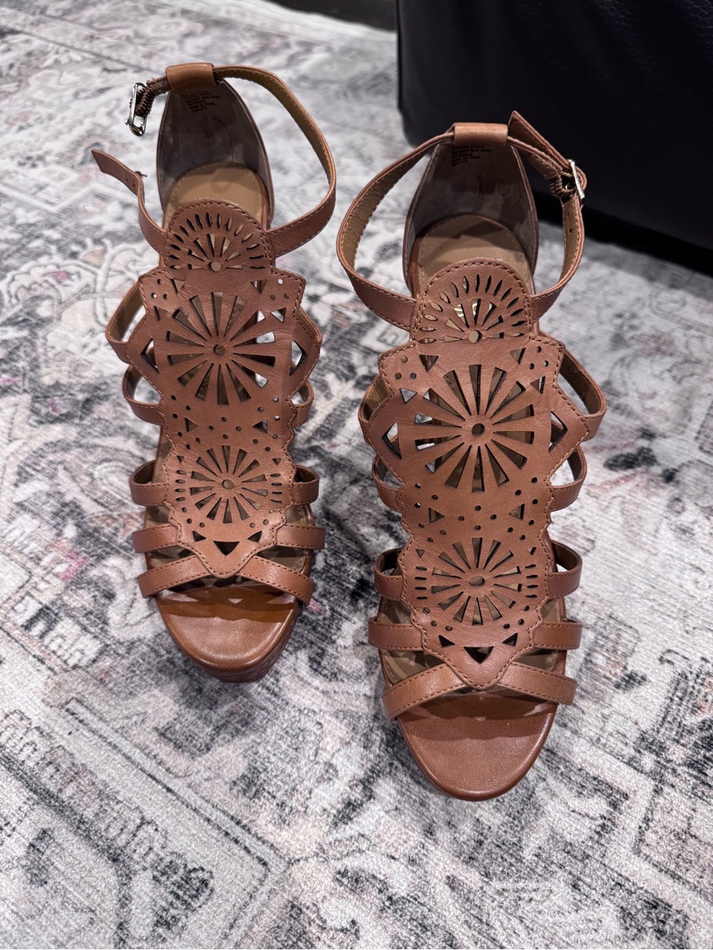 Isola Brown Laser-Cut Ankle-Strap Heel Sandals